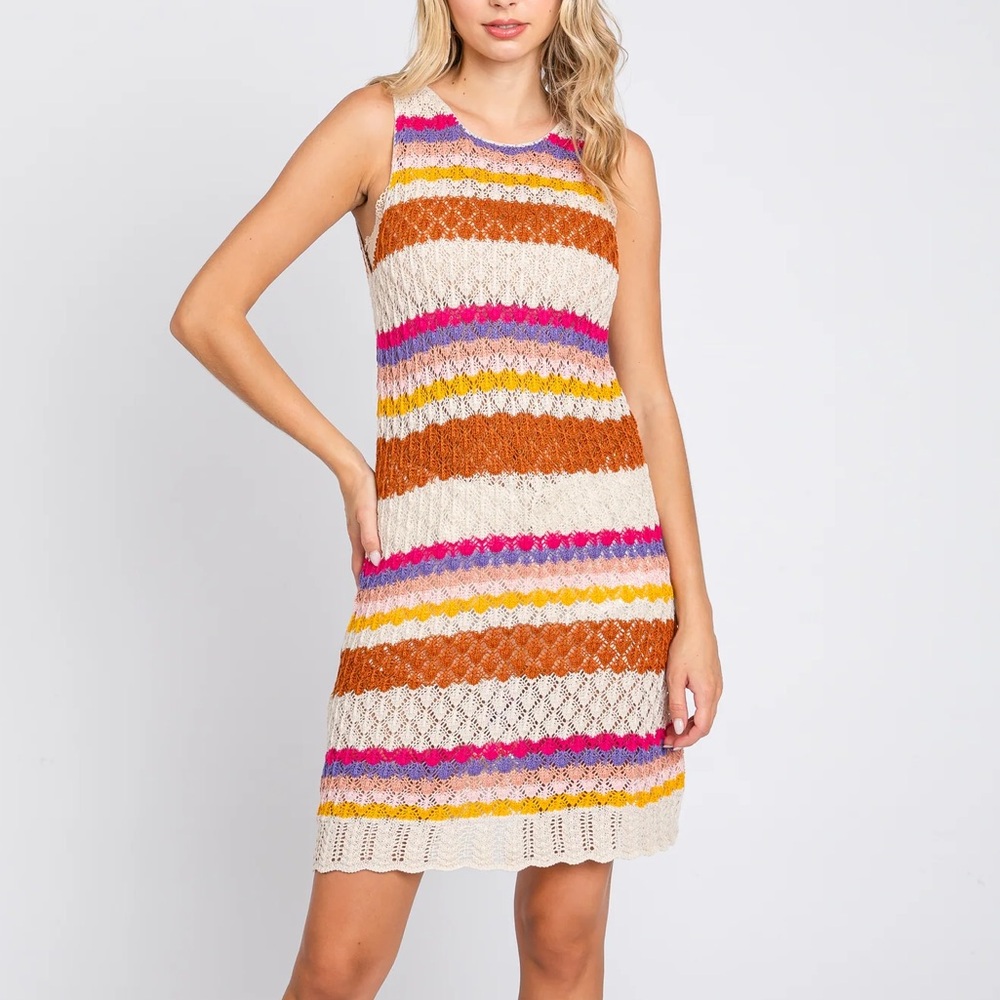 Multi-Color Striped Crochet Sleeveless Dress